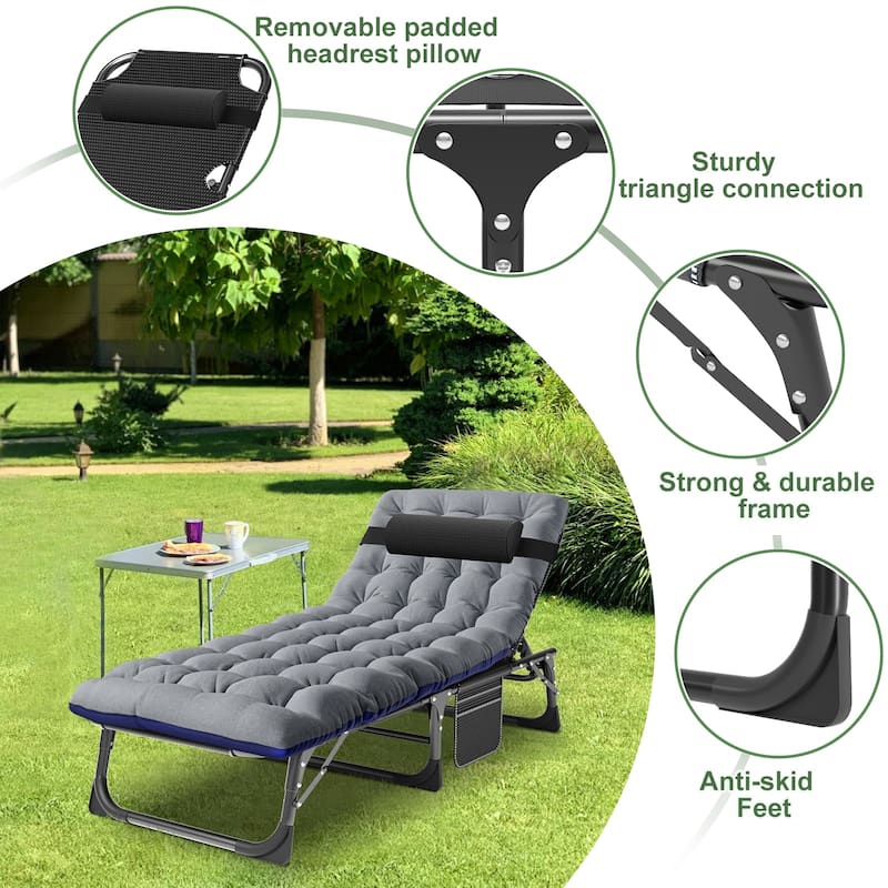 DoCred Camping Cot, Adjustable Reclining Folding Patio Chair Lounge - 75.2"x26.8"x11.8"