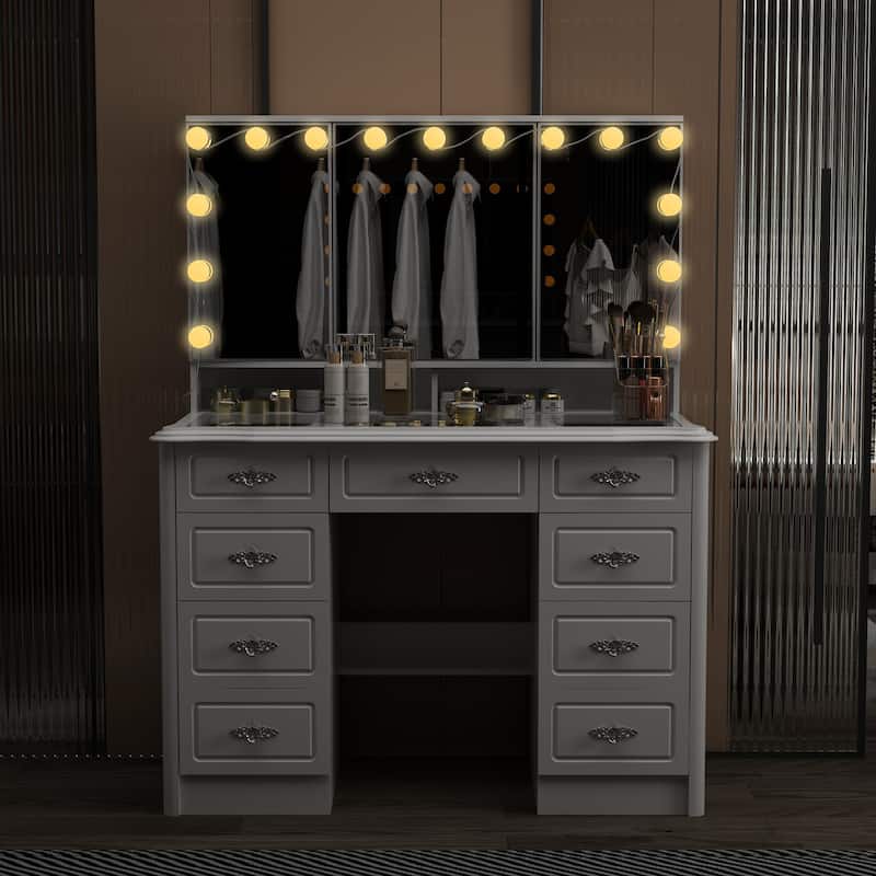Modern White Makeup Vanity Fold Mirror Adjustable Lighting Dressing - 40.2"x54.1"