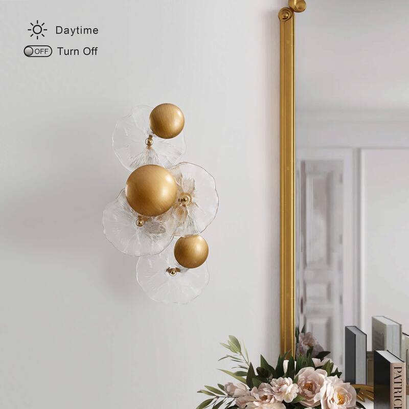 Frieda 2-Light Brushed Brass Glass Flower Wall Sconce - 9" W x 16" H x 5.5" D