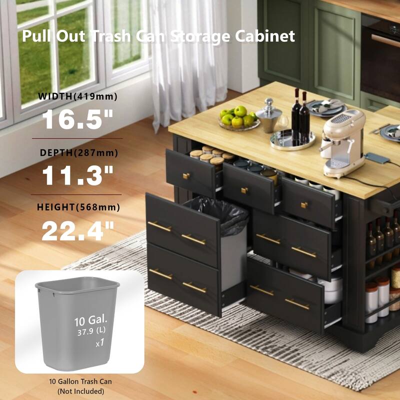Rolling Kitchen Island with Drop Leaf, 6 Drawers, 5 Wheels, Pull Out Trash Can Storage, Power Outlet & 5 Open Side Racks