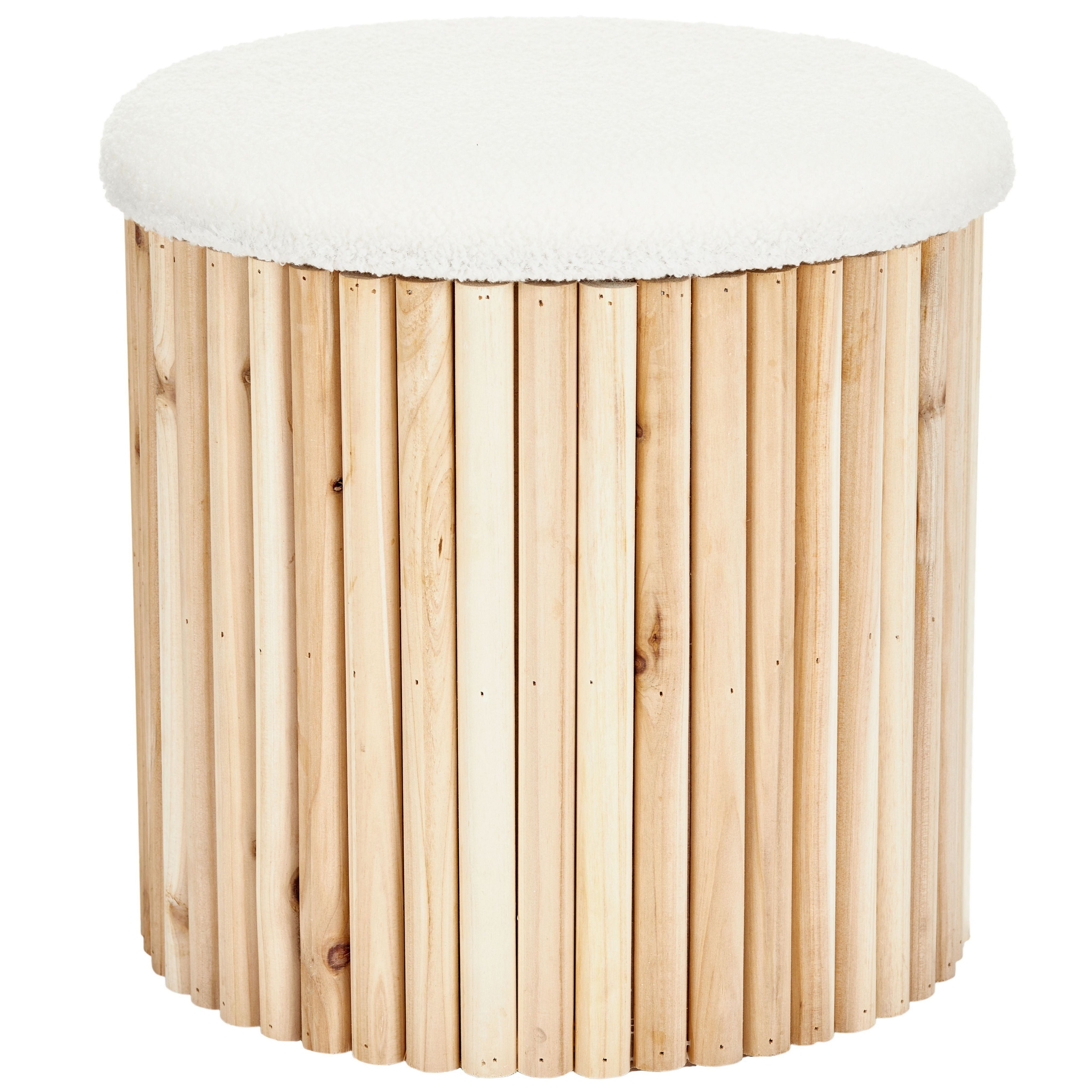 White Boucle Bamboo Round Storage Ottoman Foot Stool for Living Room