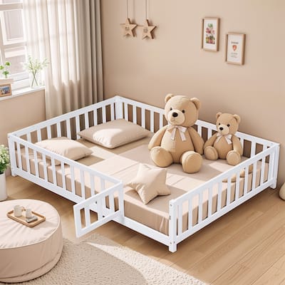 Full Size Floor Platform Bed with Fence and Door for Kids