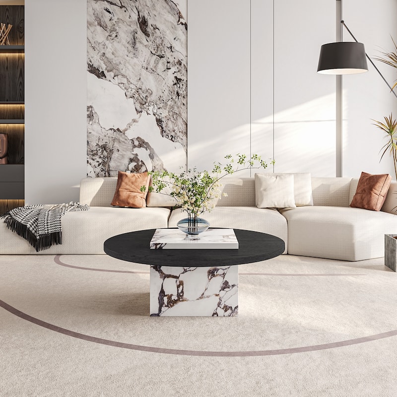 35.43" Round Solid Wood Coffee Table, with Glossy Square Faux Mable Table top