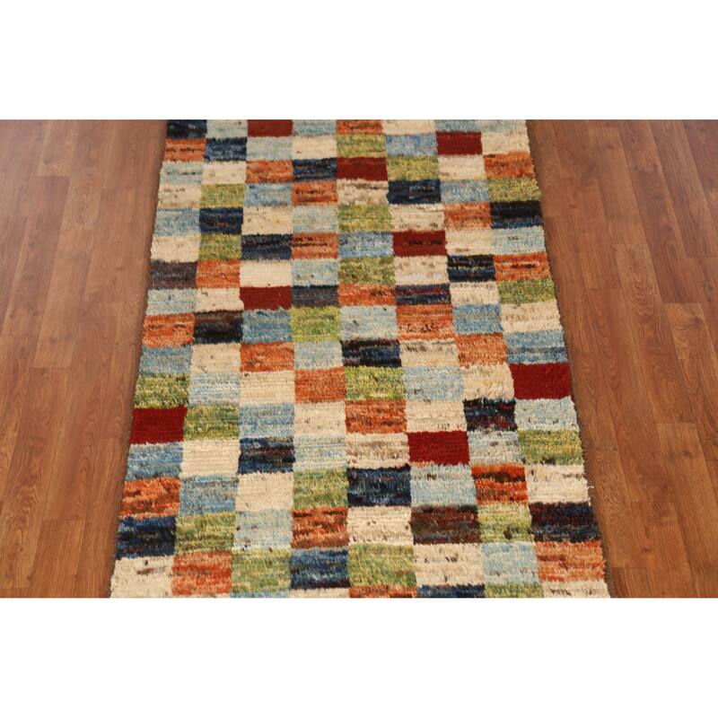 Checkered Moroccan Oriental Runner Rug Handmade Wool Carpet - 3'2" x 9'8"