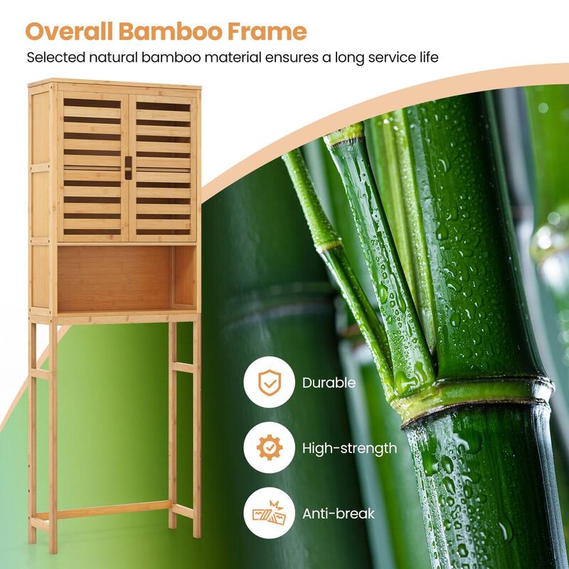 Space-Saving Wicker Bathroom Organizer with Closed Cabinet and Open Shelving for Toiletries - 24.5" x 9" x 67" (L x W x H)