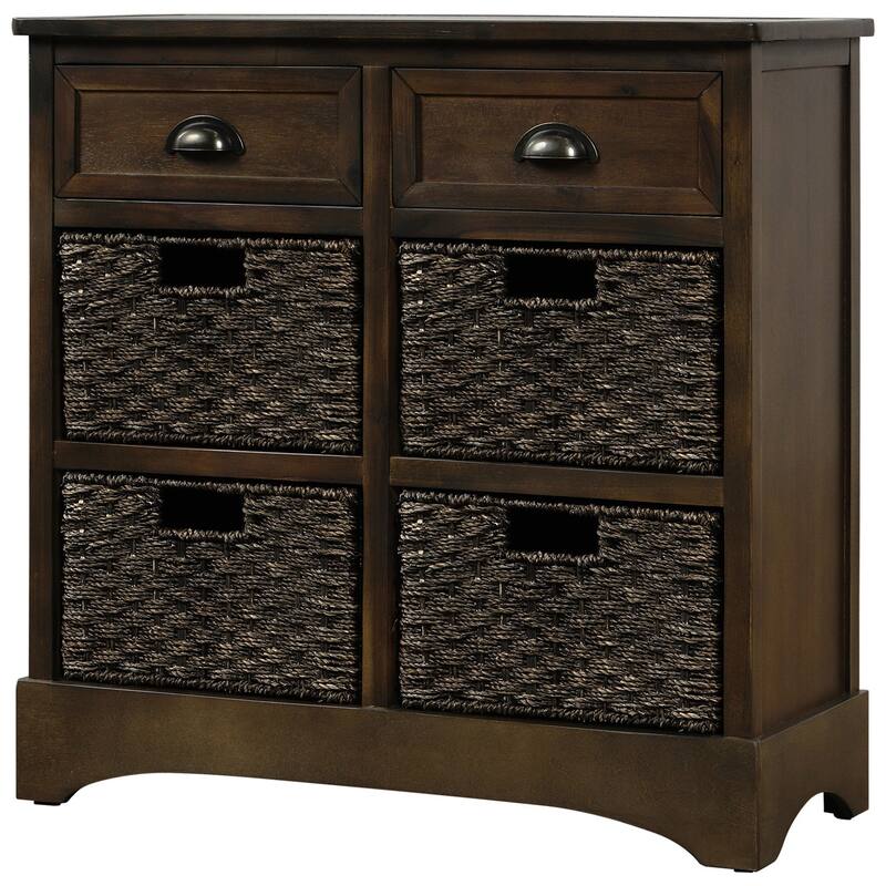 Rustic Storage Cabinet with Two Drawers and Four Classic Rattan Basket for Dining Room/Entryway/Living Room