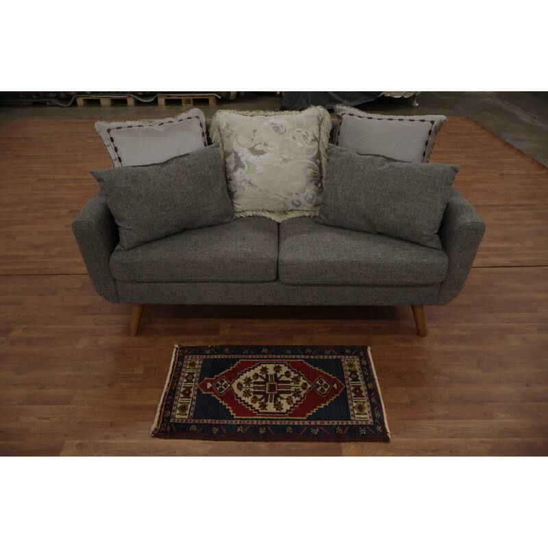 Hand Knotted Oriental 100% Wool Carpet Transitional Geometric Navy Blue & Blues Anatolian Area Rug - 2' 10'' X 1' 9''