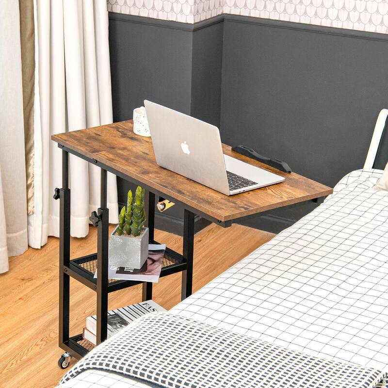 Height Adjustable C-Shaped End Table with Lockable Wheels and Tiltable Table Top - 31.5" x 16" x 25"-37.5"