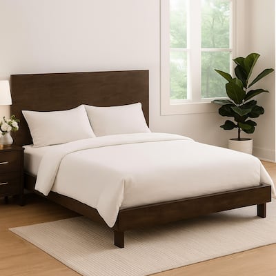 Genu King Size Platform Bed, Panel Headboard, Warm Walnut Brown Wood