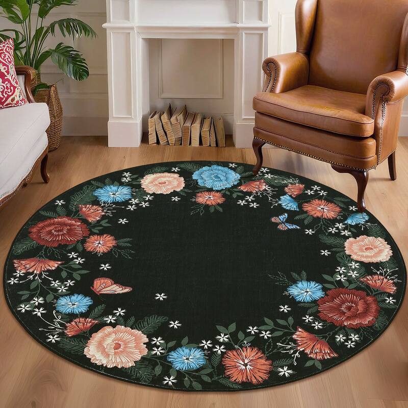 Area Rugs for Living Room Bedroom Washable Modern Floral Rug Scalloped Non-Slip Low Pile Carpet - 4' Round - Black