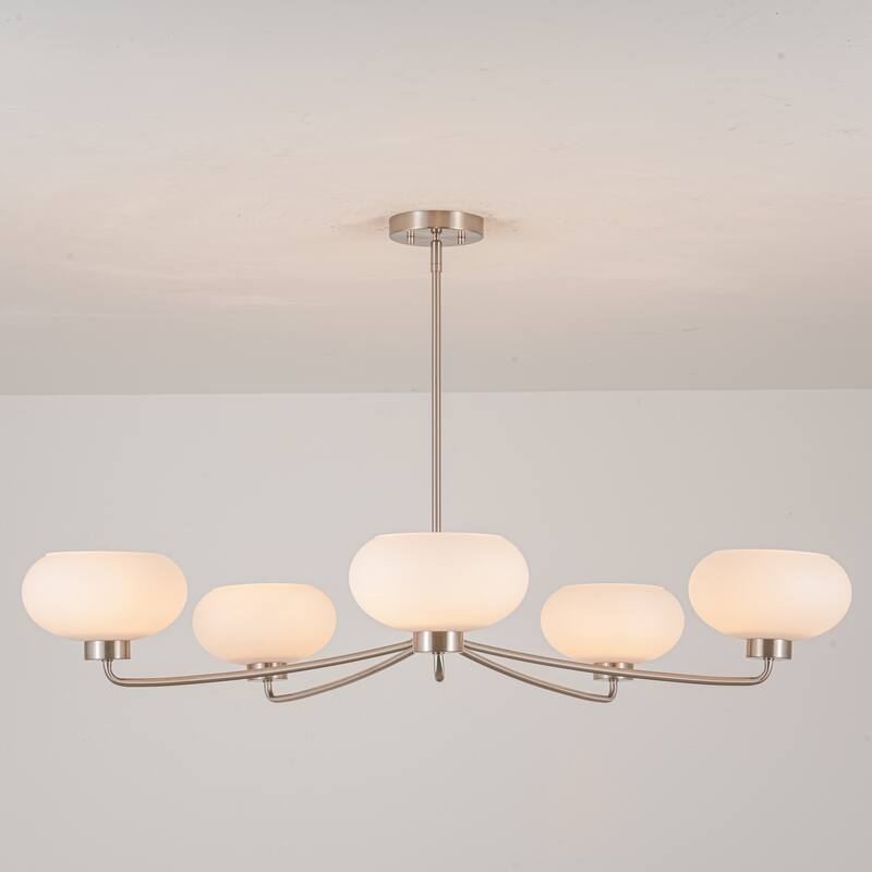 5-Light Satin Nickel Opal Glass Chandelier for Dining Room & Living Room - 43.3 in. W x 7.5 in. H