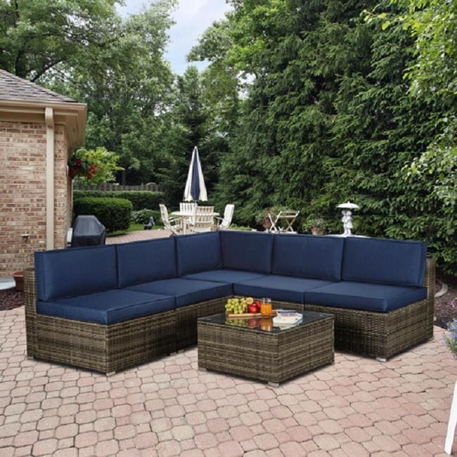 Outdoor Garden Patio Furniture 6-Piece Gray PE Rattan Wicker Sectional Navy Cushioned Sofa Sets