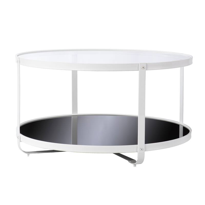 Contemporary Design Round Coffee Table, Glass-Top Cocktail Table, With White Metal Frame And Clear Glass Tabletop