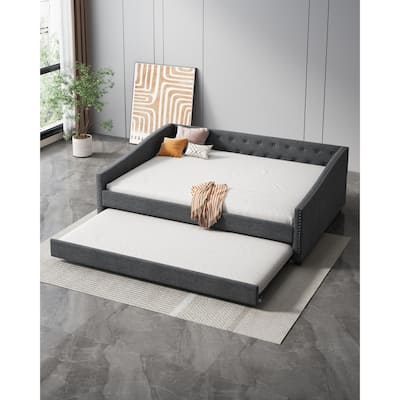 Full Size Daybed with Twin Size Trundle Upholstered Tufted Sofa Bed,with Button on Back and Copper Nail on Waved Shape