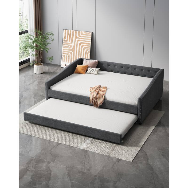 Linen Tufted Daybed with Trundle, Upholstered Platform Sofa Bed Frame, Wooden Slat Support