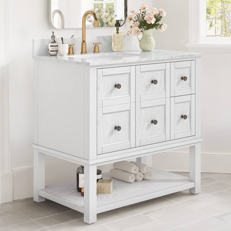 48" Bathroom Vanity with Sink, Marble Countertop Single Bathroom Vanity with 6 Drawers, White