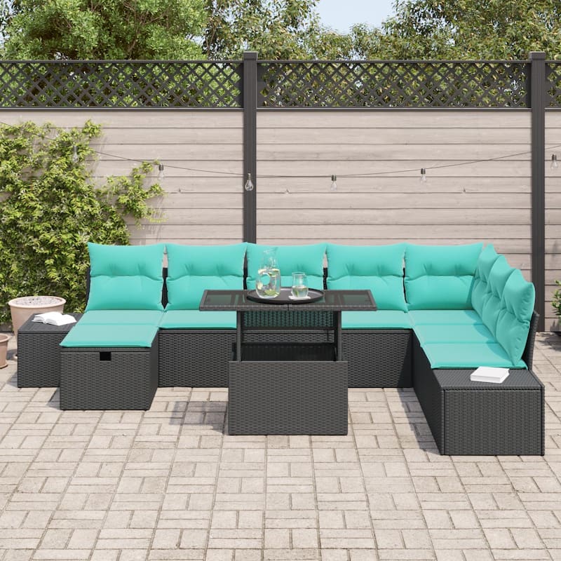 vidaXL 9 Garden Sofa Set with Cushions Black/Brown/Grey Poly Rattan - 125.6 x 82.3 x 27.2