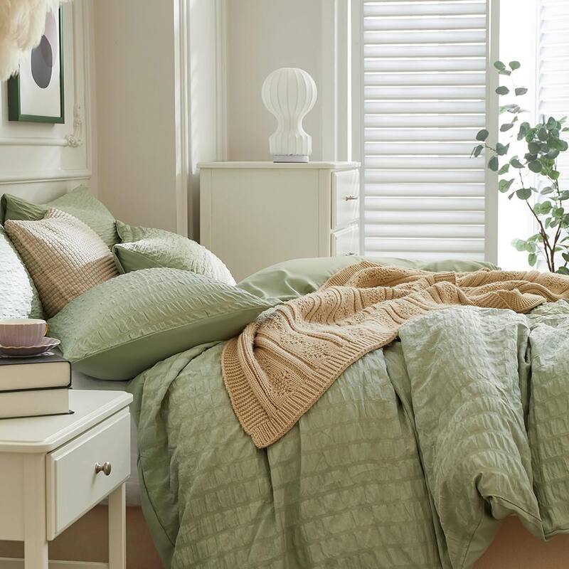 Light Green Duvet Cover Queen Size, 3pcs Washed Microfiber Bedding Set