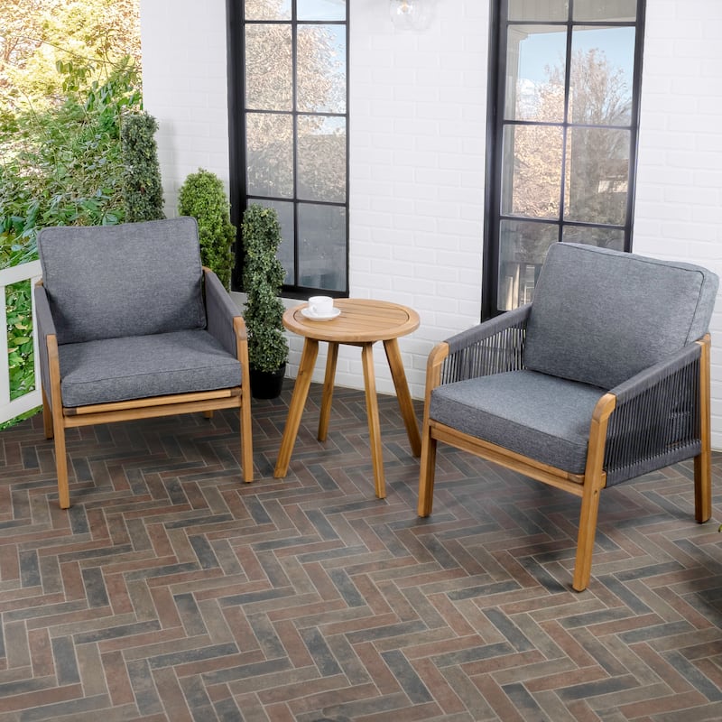 Porto 3-Piece Modern Bohemian Roped Acacia Wood Conversation Outdoor Patio Set with Cushions, by JONATHAN Y