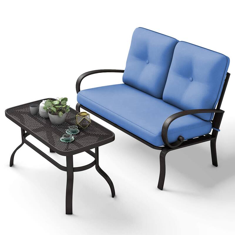 2PCS Patio Furniture Set with Loveseat Bench and Coffee Table - Black+Blue