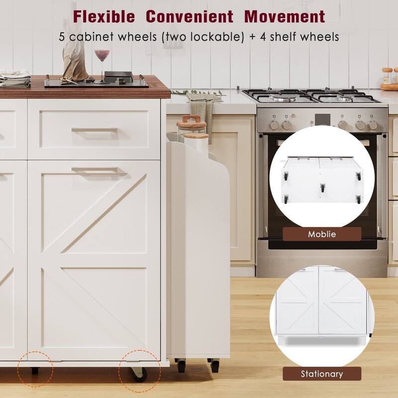 47.2" Rolling Kitchen Island on 5 Wheels with Drop Leaf, Kitchen Island with 2 Drawers, Trash Can Storage