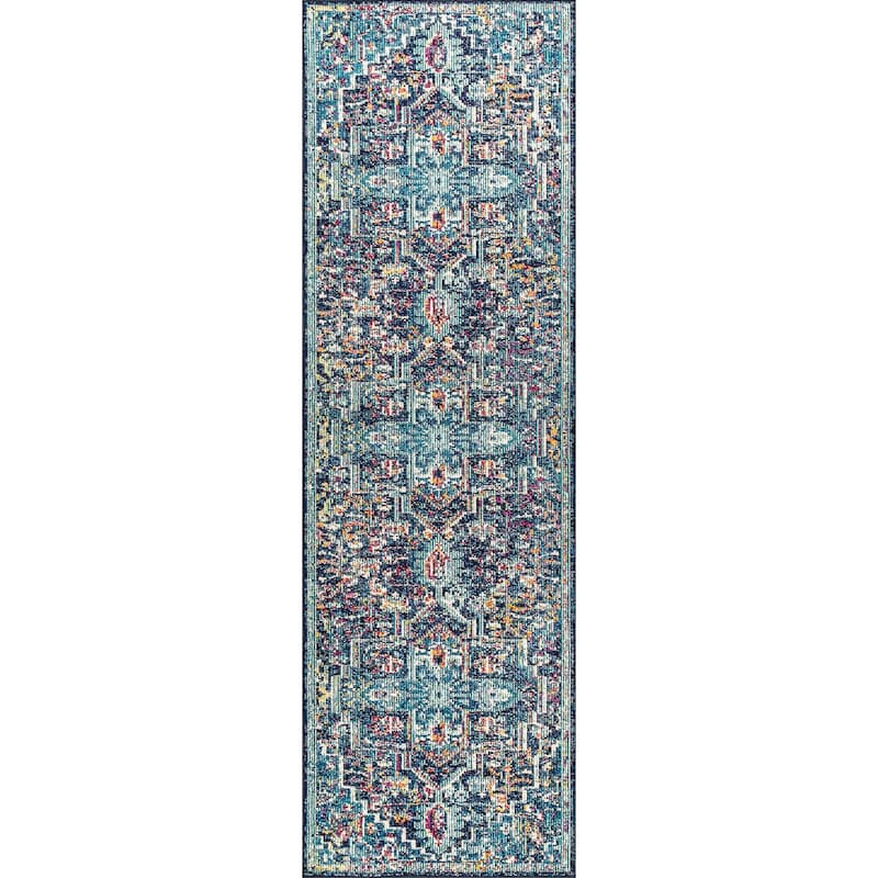 JONATHAN Y Zafra Vintage Medallion Rug Peacock Blue/Navy Area Rug - 2 X 8 - Peacock Blue/Navy