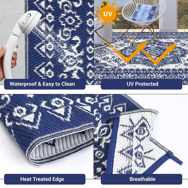 Outdoor Patio Rug Waterproof Reversible Carpet Vintage Boho Medallion Rug Plastic Straw Rug