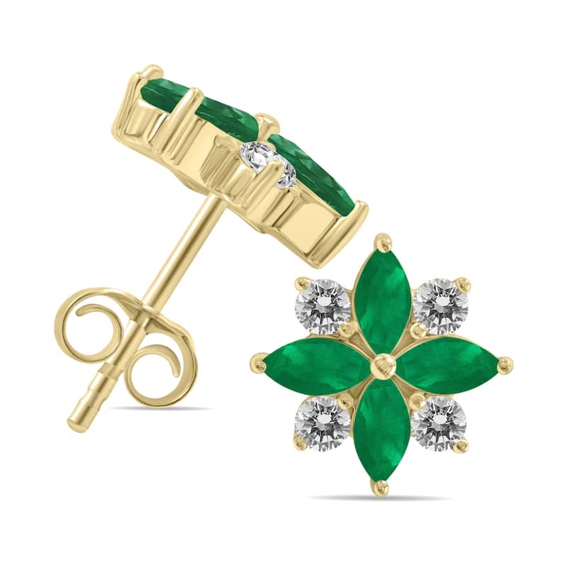 Marquee 1 Carat TW Emerald and Diamond Flower Earrings in 10K Yellow Gold