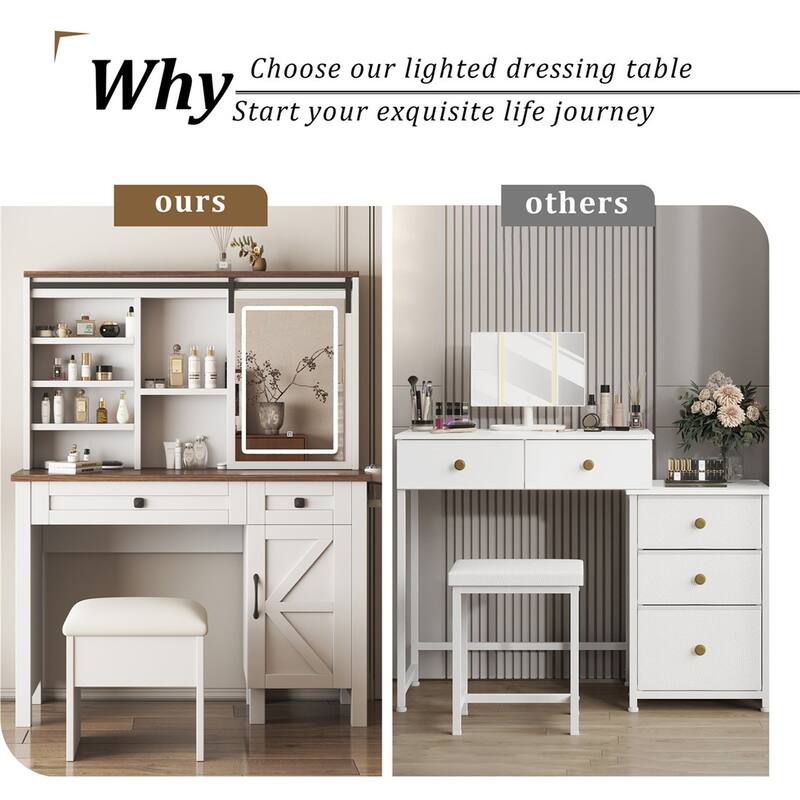 Farmhouse Makeup Vanity Desk Set with Sliding Mirror, Lights and Stool