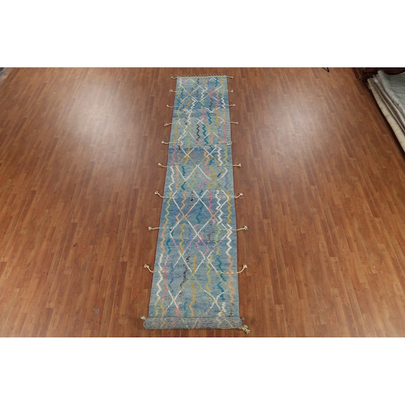 Contemporary Blue Moroccan Runner Rug Hand-Knotted Wool Carpet - 2'10"x 16'1"