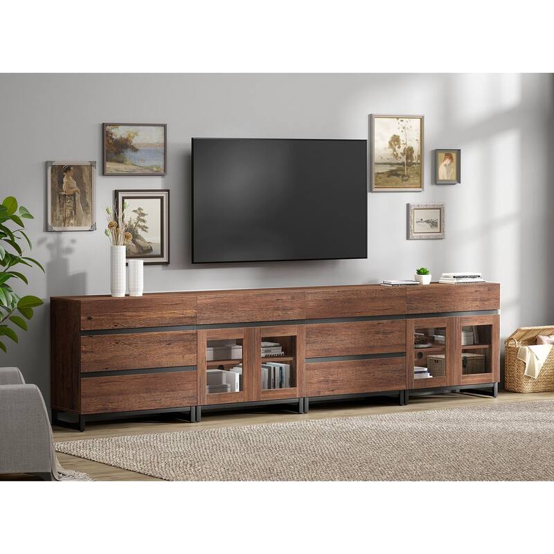 Modern 4 in 1 TV Stand for 120" TVs, Console with Glass Doors & 8 Drawers, Entertainment Center - 126 inches - Brown