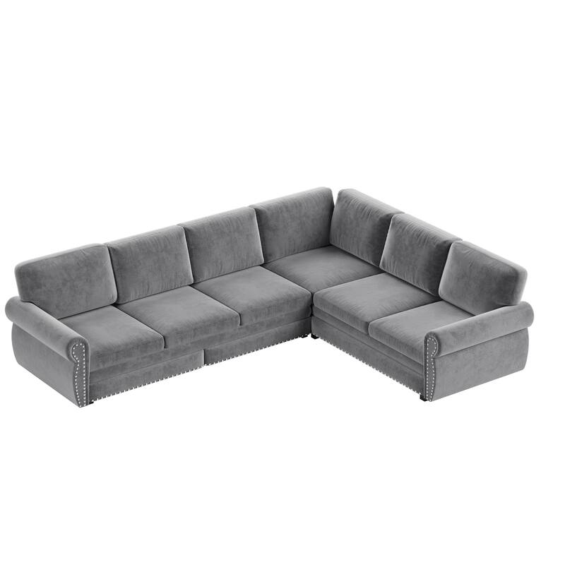 L-Shaped Sofa Couch with Pull-Out Bed, Convertible Sleeper Sofa with Nailhead Trim & Rolled Arms, Chenille Upholstered Couch