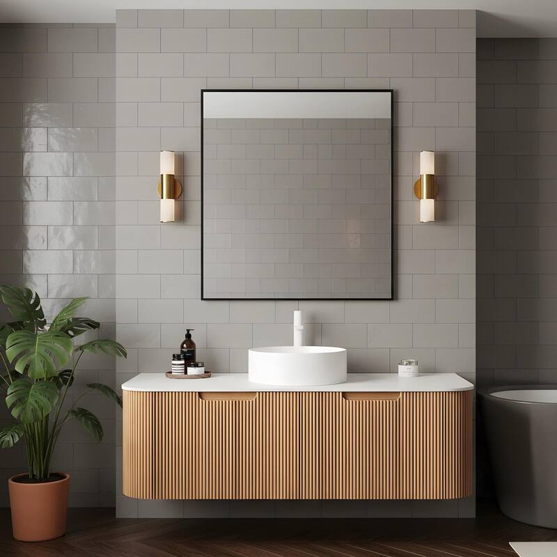 Wall Mounted Bathroom with White Round Ceramic Basin and Drawer - Natural Wood - 48