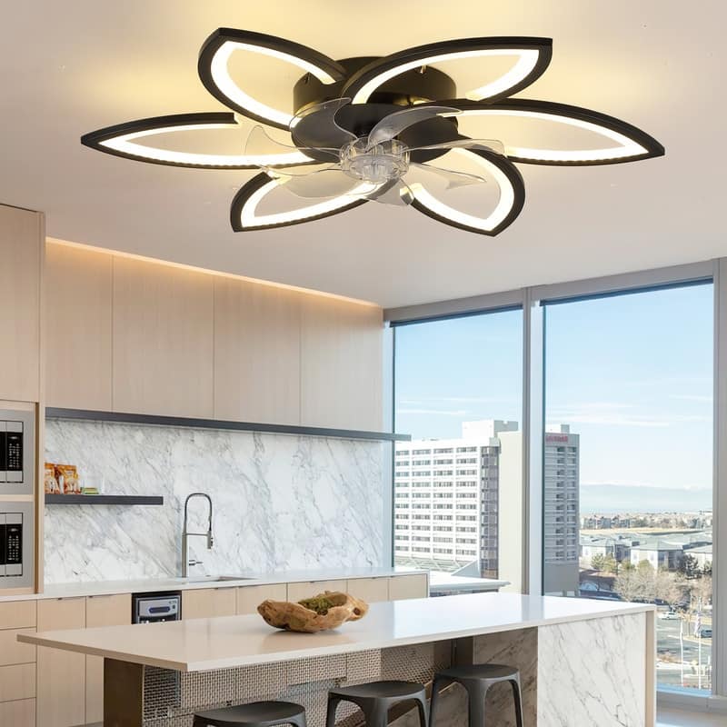 Dimmable 7 Blade Modern Ceiling Fan with Lights and Remote, 6 Speed Reversible Blades with Timing