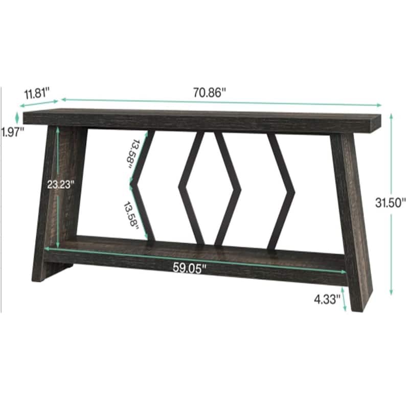 Double Decker Sofa Table with Wood Top and Metal Frame 2 Tier Console Entryway Hallway Display Table - 70.86" x 11.81" x 31.50"