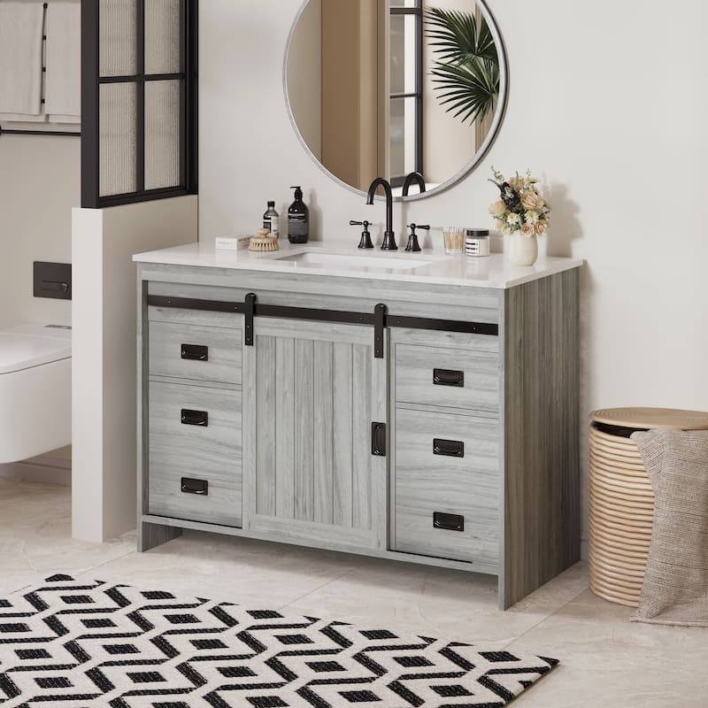 EROMMY Farmhouse Bathroom Vanity with Ceramic Top and Sliding Barn Door Sink Cabinet