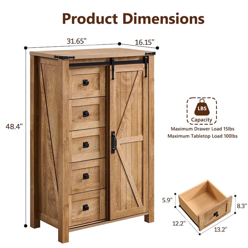 Farmhouse 5 Drawers Dresser, Vintage Chest of Drawers with Barn Door