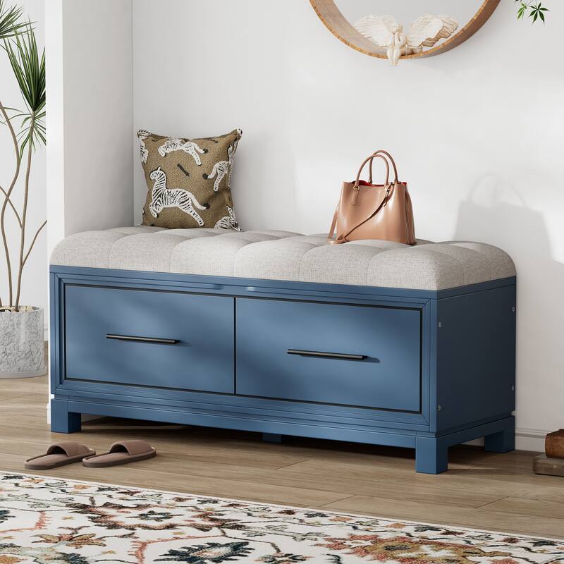 Shoe Bench with Removable Cushion & Hidden Storage - Navy