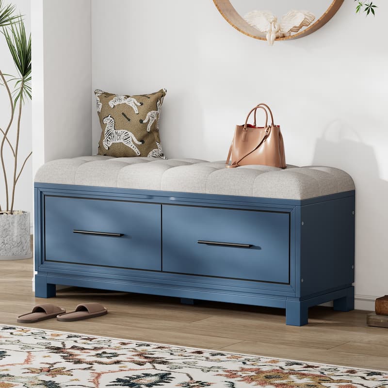 Upholstered Storage Bench for Entryway, Modern Wood Shoe Bench with Removable Cushion, Lift-Up Lid for Living Room - Navy
