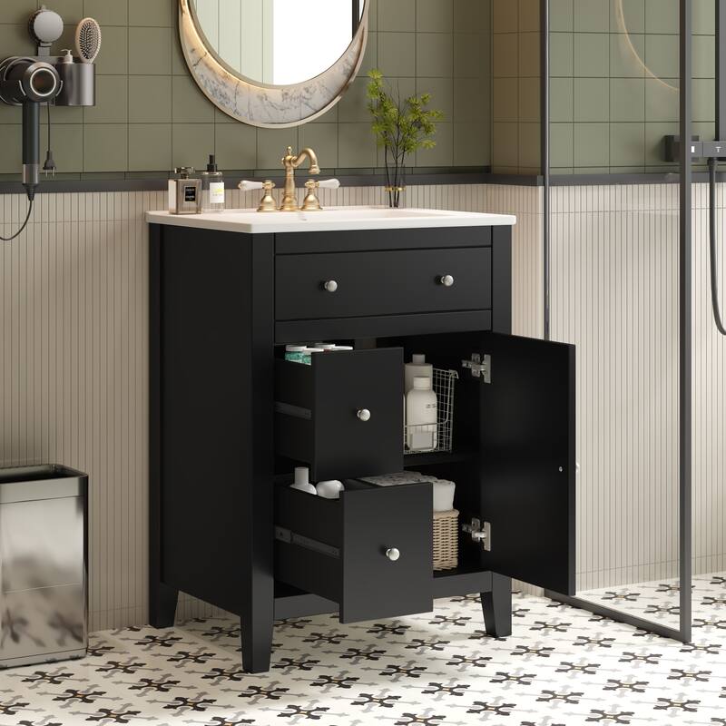 24" Modern Bathroom Vanity - Ceramic Basin, 2 Drawers & Soft-Closing Door, Compact Design