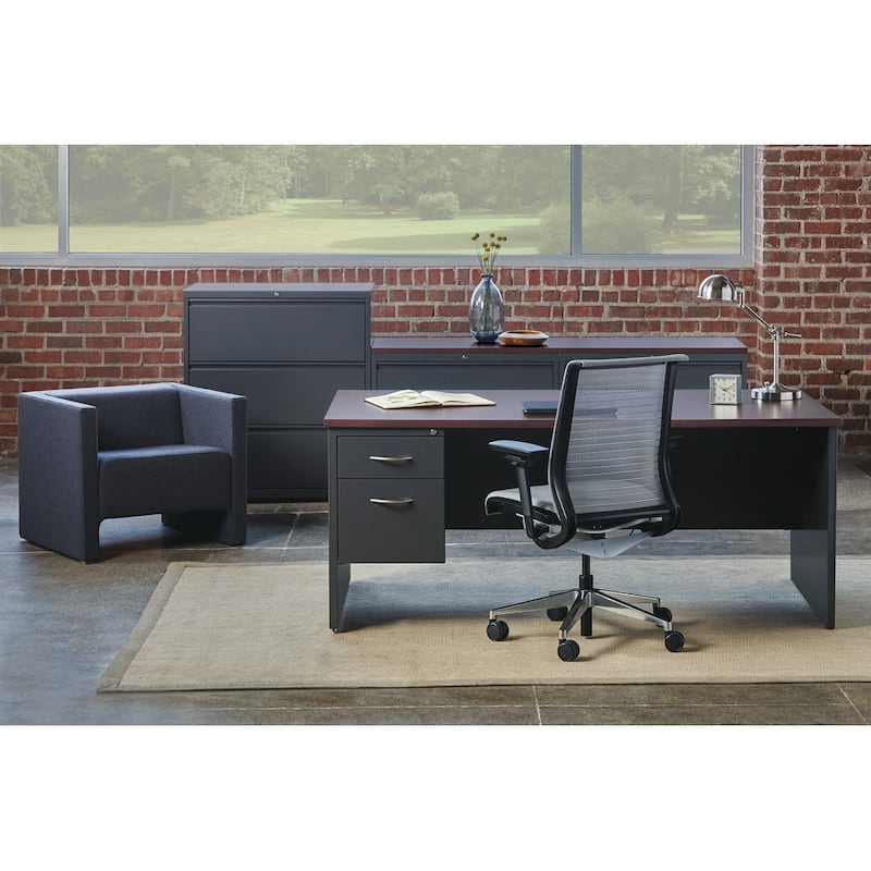 Hirsh Executive Office Modular Left-Hand Single Pedestal File Office Desk, 36" D x 72" W, Charcoal / Mahogany