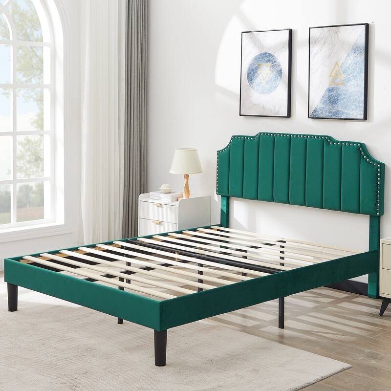 VECELO Upholstered Bed Frame with Nailhead Trim Adjustable Height Headboard, Twin/Full/Queen Size Bedframes