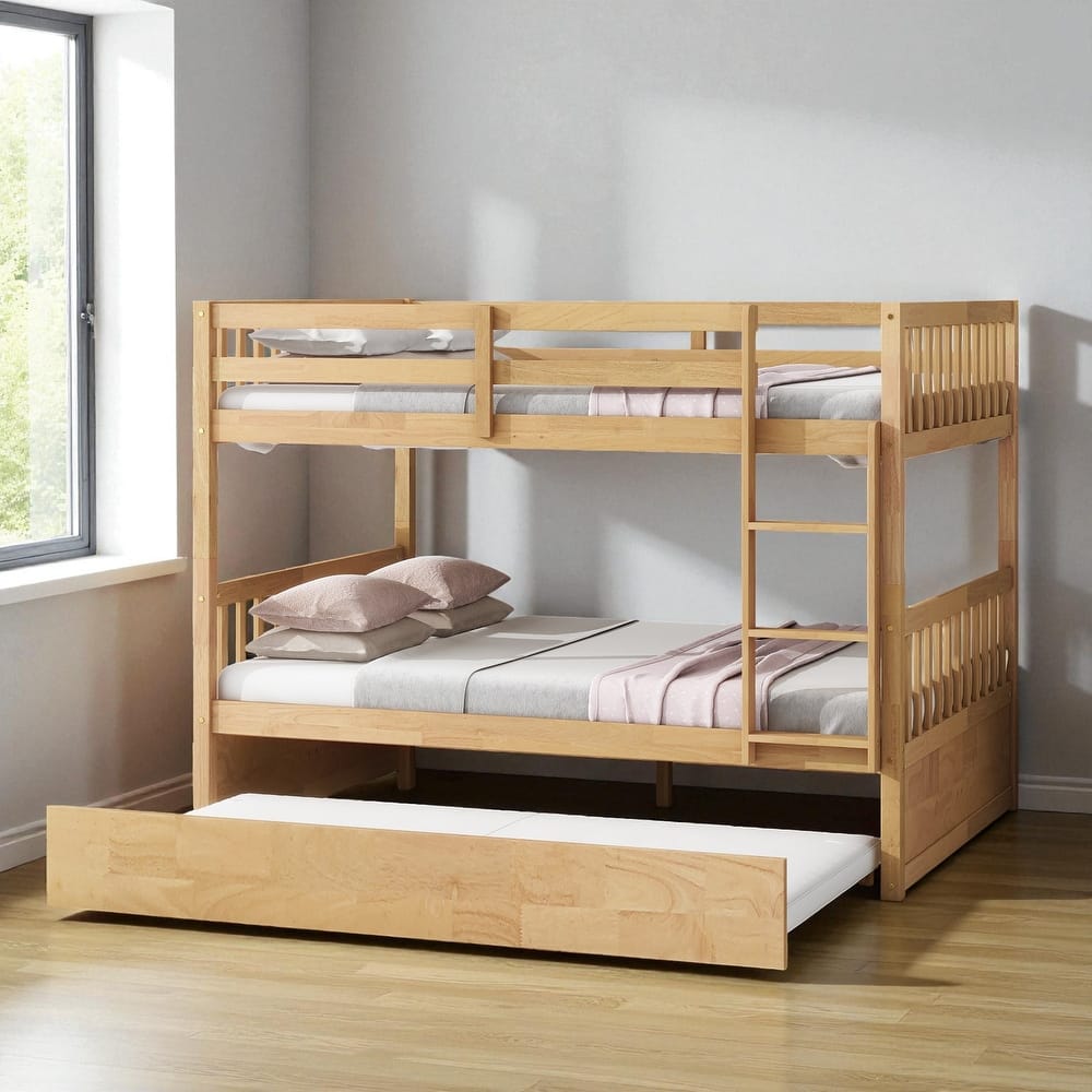 Full Over Full Rubber Wood Bunk Bed with Trundle, Convertible into Two Full Beds, Ladder and Guardrails Included
