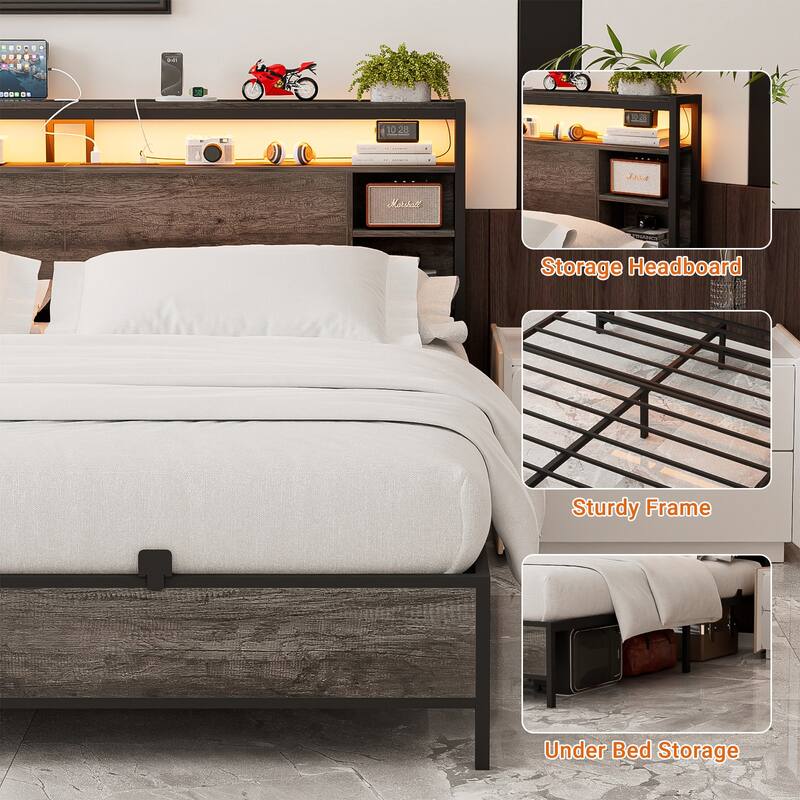 Bed Frame with Charging Station and RGB LED Lights, Sturdy Platform Bed with Storage Headboard,
