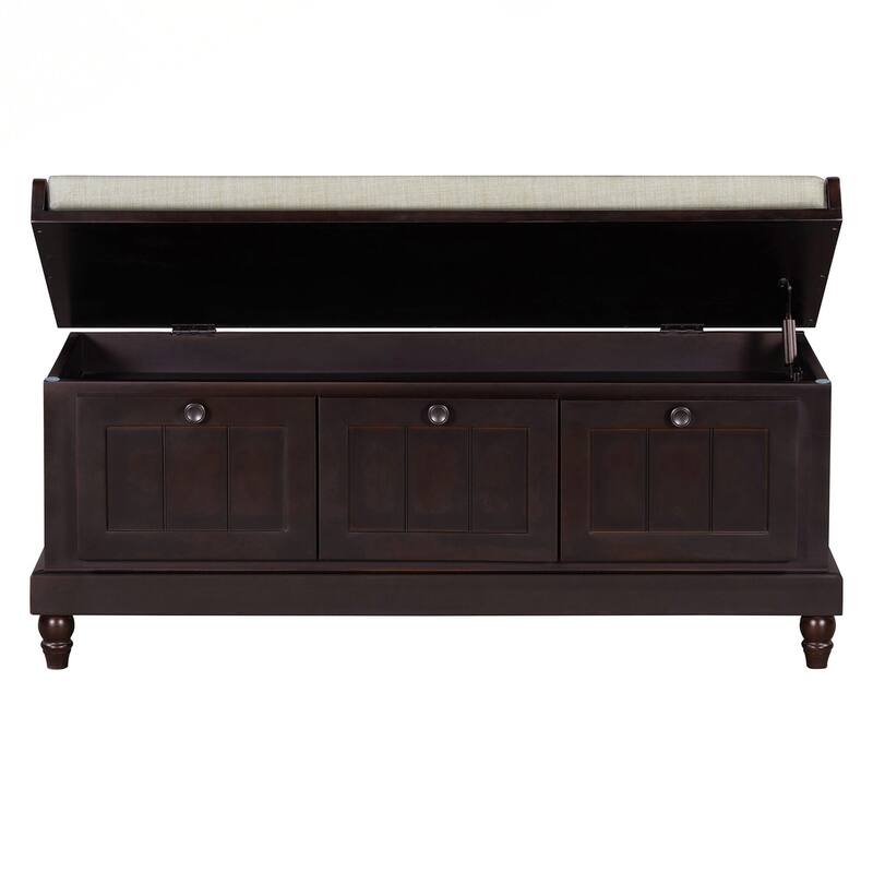 Classic Shoe Bench with Cushion and Three Drawers, Fluted Entryway Bench with Storage for Living Room, Entryway, and Hallways
