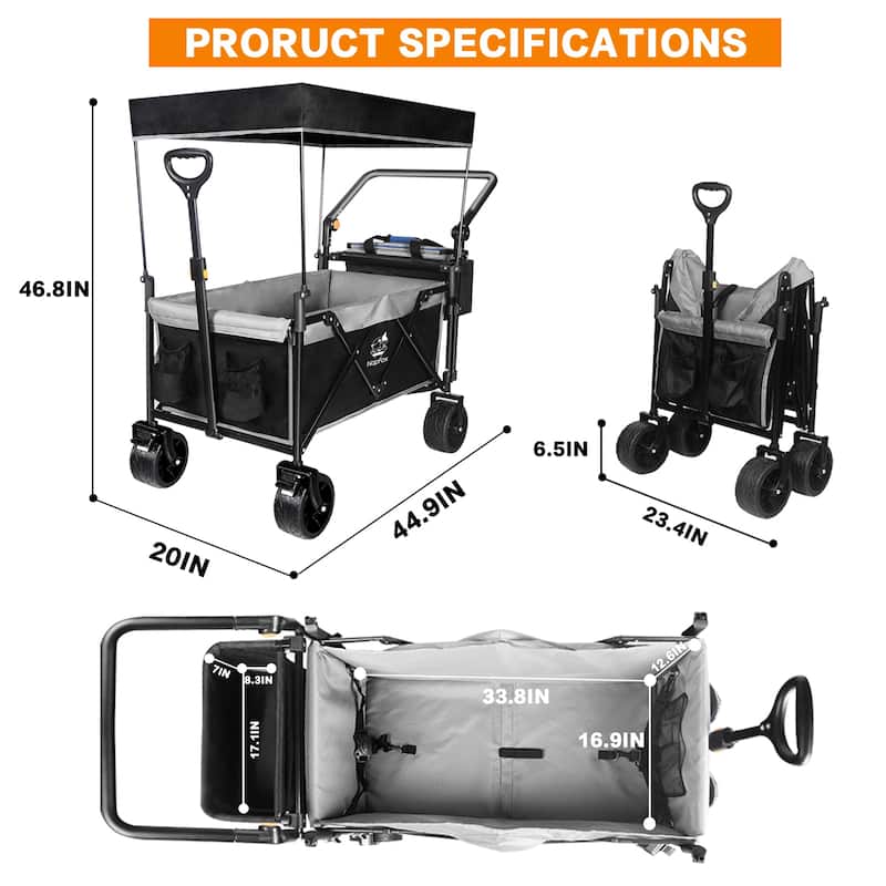 140L All-Terrain Collapsible Wagon with Removable Canopy & Cooler Bag - Folding Utility Cart with Brake