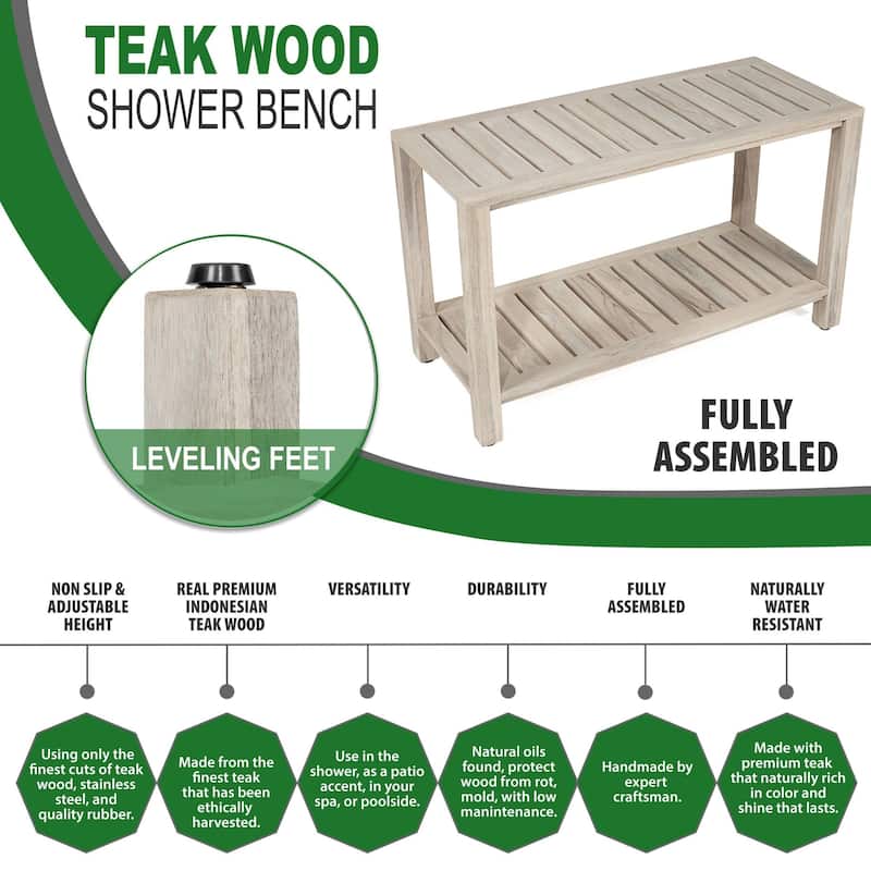 TeakCraft Gray Teak Shower Bench with Shelf 24 Inch - Fully Assembled, Rustic Gray Finish, The RICINA