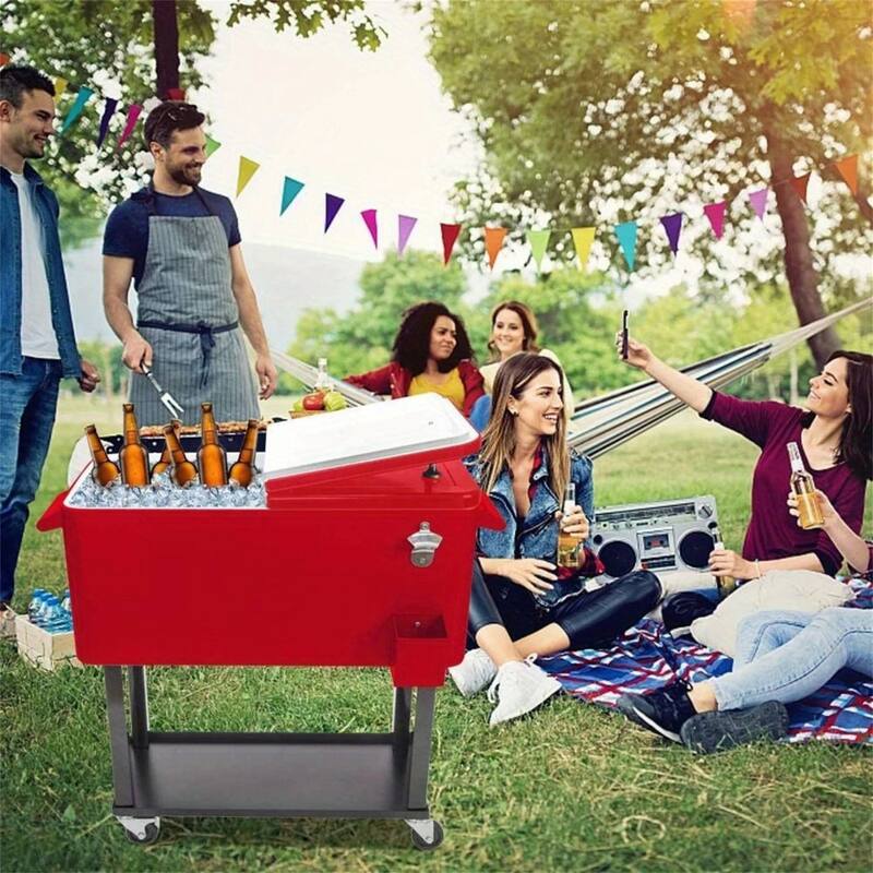 80 Quart Portable Rolling Cooler Cart with Shelf & Bottle Opener