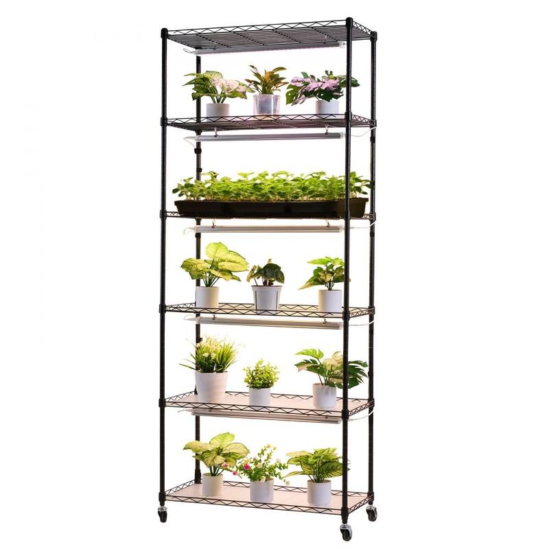 Black Metal 6-Tier Indoor Plant Stand with 5 3-Color LED Grow Lights and Timer - 29.53 x 13.78 x 70.87 in