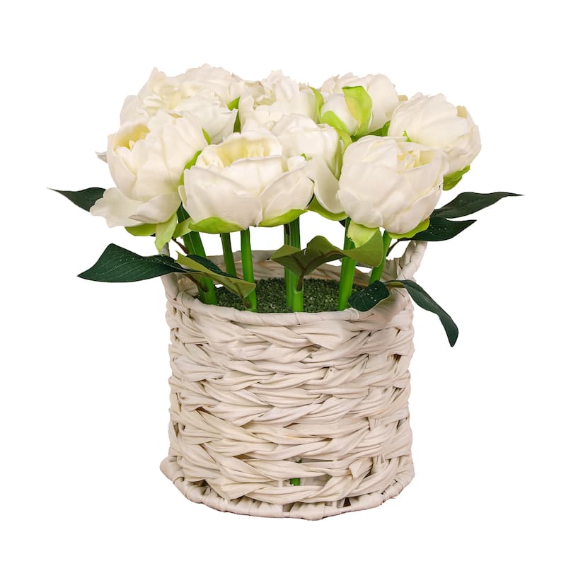 National Tree Company 10 in. White Peony Flower Bouquet in White Basket - 10 in